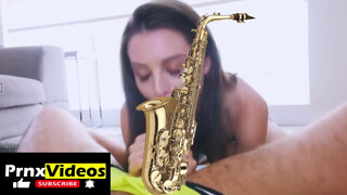 4. Lana Rhoades giving head: the c*** is censored (with a sax), but not her boobs
