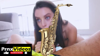6. Lana Rhoades giving head: the c*** is censored (with a sax), but not her boobs