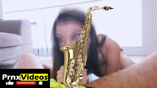 7. Lana Rhoades giving head: the c*** is censored (with a sax), but not her boobs