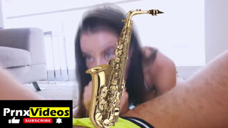 8. Lana Rhoades giving head: the c*** is censored (with a sax), but not her boobs
