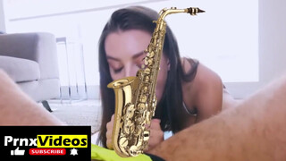 9. Lana Rhoades giving head: the c*** is censored (with a sax), but not her boobs