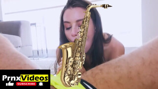 10. Lana Rhoades giving head: the c*** is censored (with a sax), but not her boobs