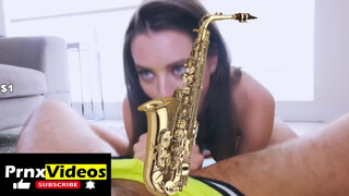 3. Lana Rhoades giving head: the c*** is censored (with a sax), but not her boobs