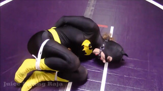 1. Batgirl is tied up and strapped to a vibrator in “Recent Bondage Latek Girl Orgasm On Catsuit”
