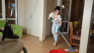 10. Cleaning the floor in a wet T-Shirt