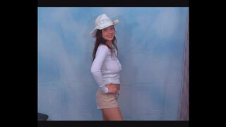 4. ttl model usa model Christina Model White Long Sleeve T Shirt & Tan Short Shorts + CowGirl Hat & B