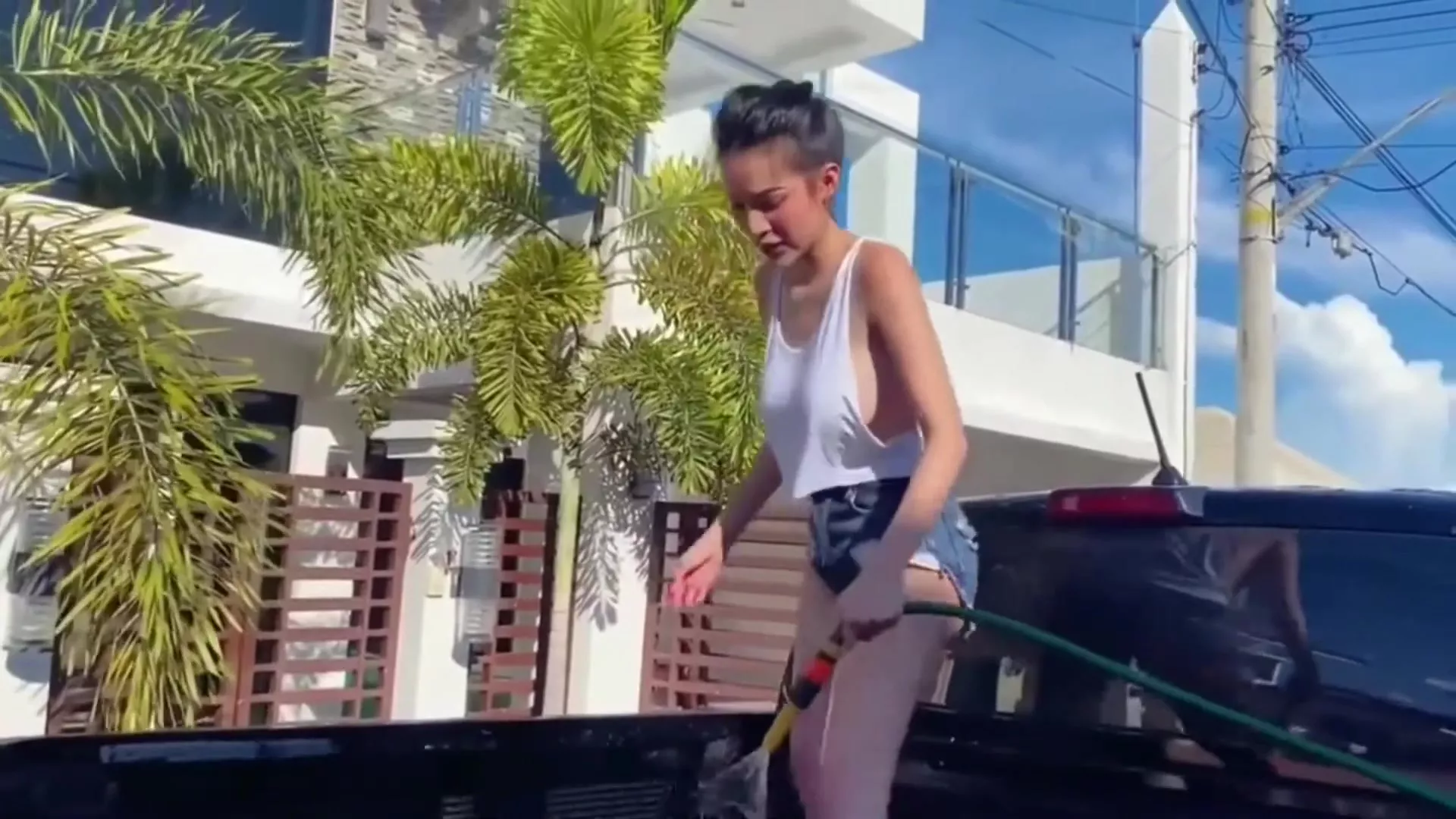 Side boob nip slip (2:47, “No bra washing the car outside, No bra car  wash”), Nude Video on