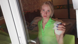 7. cute girl cleaning Window in transparent shirt || maggie fox no bra cleaning video for fans