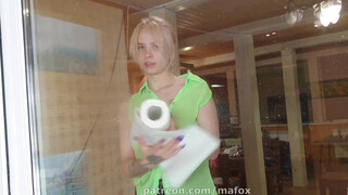 2. cute girl cleaning Window in transparent shirt || maggie fox no bra cleaning video for fans