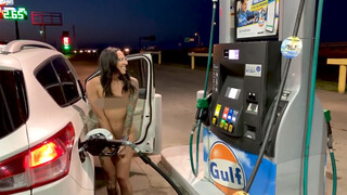 Husband dares his wife to pump gas naked. Poor censoring throughout