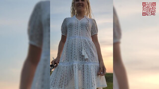 Walking in the field at sunset (See through pussy)