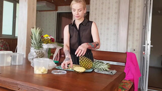 4. Pineapple cutting in transparent shirt