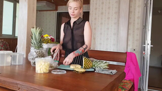 7. Pineapple cutting in transparent shirt