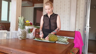 2. Pineapple cutting in transparent shirt