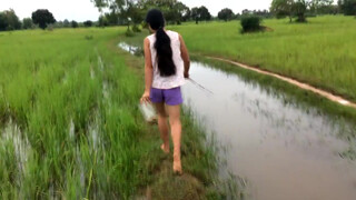 6. Amazing girl Fishing, Khmer Real Life Fishing At Siem Reap Cambodia starts at 1:23 and throughout