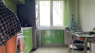 1. Girl cleaning kitchen in short dress. Without panties? 0:40