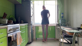 2. Girl cleaning kitchen in short dress. Without panties? 0:40