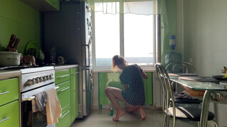 3. Girl cleaning kitchen in short dress. Without panties? 0:40