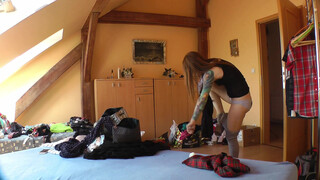 6. No panties pussy frontal flashing at 00:40 and many more positions like taking off dresses from 00:34 brunette in sexy lingerie with stockings and Oktoberfest costume from 03:24