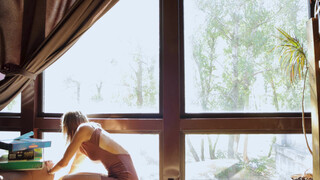 9. Window cleaning in short dress. Transparent.