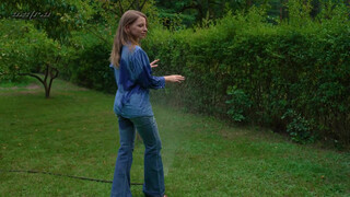 7. Girl pees her jeans at 1:00, boob visible in “Coffee and wet jeans in nature … #wetlook #model #jeans”