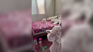 Cleaning in a transparent outfit. Oops at 2:00 in “philippine queen vlog/ Philippines queen bedroom cleaning”