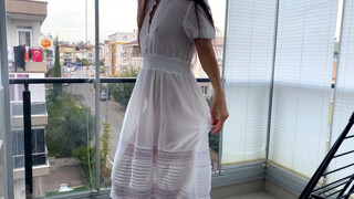 6. Very beautiful girl in white transparent dress without underwear