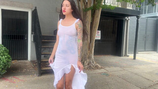 Art model Sarah (Sicilianspoon) walking around Nola in transparent dress