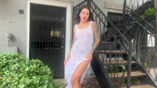 1. Art model Sarah (Sicilianspoon) walking around Nola in transparent dress