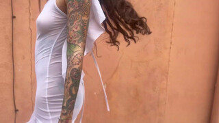 8. Art model Sarah (Sicilianspoon) walking around Nola in transparent dress