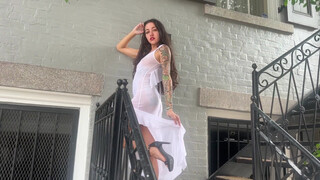 3. Art model Sarah (Sicilianspoon) walking around Nola in transparent dress