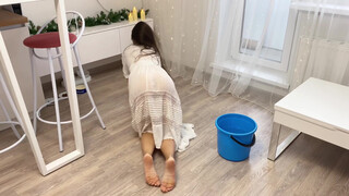 3. Sexy girl mopping the floor in a see-through dress 0:06
