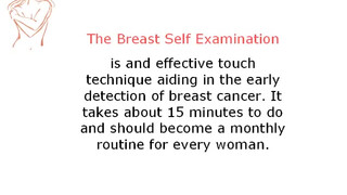 1. Breast self examination (close up at 6:27, other times are 3:17, 4:39, and 7:20)